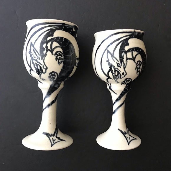 Vintage Oversized Ceramic Dragon Goblets, Signed by Artist, Navy and White - Picture 1 of 13
